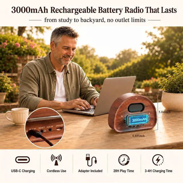 Alt view image 5 of 7 - Retro Portable FM Radio with NOAA Weather Alert & Bluetooth | MicroSD playback, 40 presets, dual alarms, sleep timer, clock/date display, 3000mAh rechargeable battery for bedroom and home