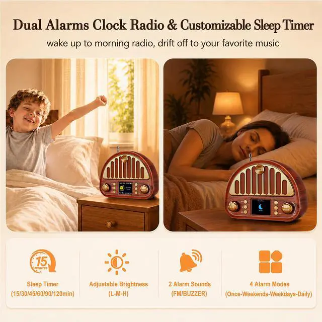 Alt view image 7 of 7 - Retro Portable FM Radio with NOAA Weather Alert & Bluetooth | MicroSD playback, 40 presets, dual alarms, sleep timer, clock/date display, 3000mAh rechargeable battery for bedroom and home
