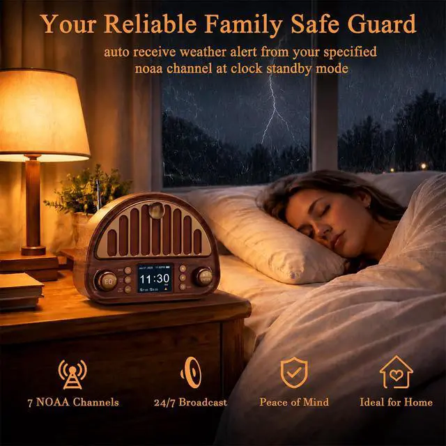 Alt view image 3 of 7 - Retro Portable FM Radio with NOAA Weather Alert & Bluetooth | MicroSD playback, 40 presets, dual alarms, sleep timer, clock/date display, 3000mAh rechargeable battery for bedroom and home