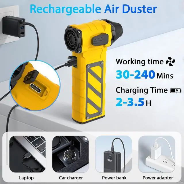Alt view image 3 of 7 - Electric Air Duster-Compressed Air Duster,60mph Wind Stepless Speed Canned Air for PC/Compute/Electronics/Home&Car Cleaning, 150000RPM Air Blower to Spray Air Can Dust Off Keyboard Cleaner (Yellow)