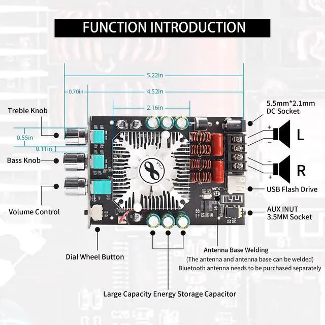 Alt view image 2 of 6 - 320W Power Amplifier Board with Subwoofer 2.0 Channel 160W×2, 15V-36V Audio Power Amplifier Module with Treble and Bass Control,Black (ZK-1602T)