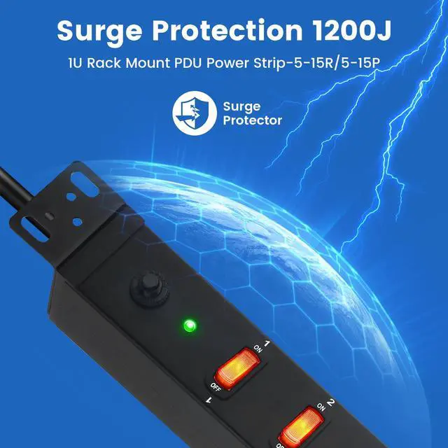 Alt view image 2 of 7 - PDU Rack Mount Power Strip, Heavy Duty 12 Gauge Cord, 6FT, 1 | 8 Outlets Individual Switches, Metal, Server Mountable Surge Protector