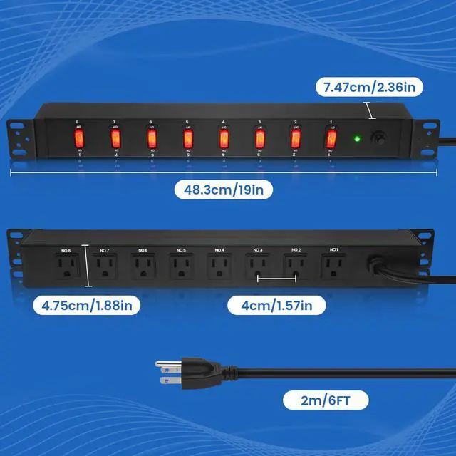 Alt view image 3 of 7 - PDU Rack Mount Power Strip, Heavy Duty 12 Gauge Cord, 6FT, 1 | 8 Outlets Individual Switches, Metal, Server Mountable Surge Protector