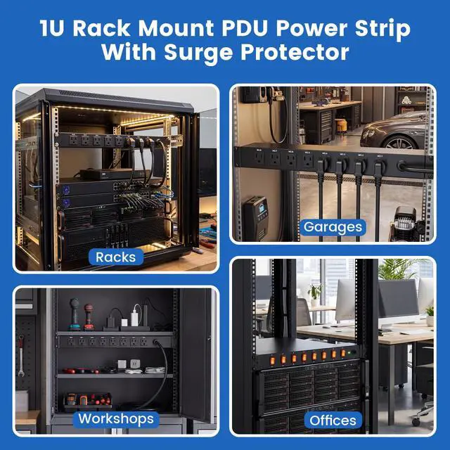 Alt view image 6 of 7 - PDU Rack Mount Power Strip, Heavy Duty 12 Gauge Cord, 6FT, 1 | 8 Outlets Individual Switches, Metal, Server Mountable Surge Protector