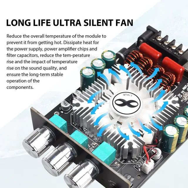 Alt view image 4 of 6 - 320W Power Amplifier Board with Subwoofer 2.0 Channel 160W×2, 15V-36V Audio Power Amplifier Module with Treble and Bass Control,Black (ZK-1602T)
