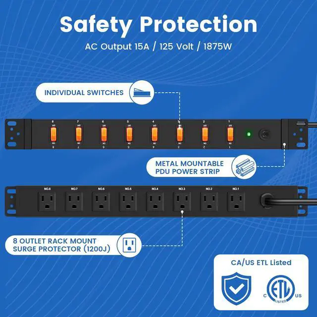 Alt view image 7 of 7 - PDU Rack Mount Power Strip, Heavy Duty 12 Gauge Cord, 6FT, 1 | 8 Outlets Individual Switches, Metal, Server Mountable Surge Protector