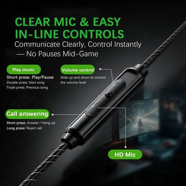 Alt view image 3 of 7 - Wired Gaming Earbuds with Mic, 360° Spatial Audio, 10mm Drivers, in-Ear Headphones with Volume Control, 3.5mm Jack for PC, PS5, Xbox, Switch, Laptop(Black)