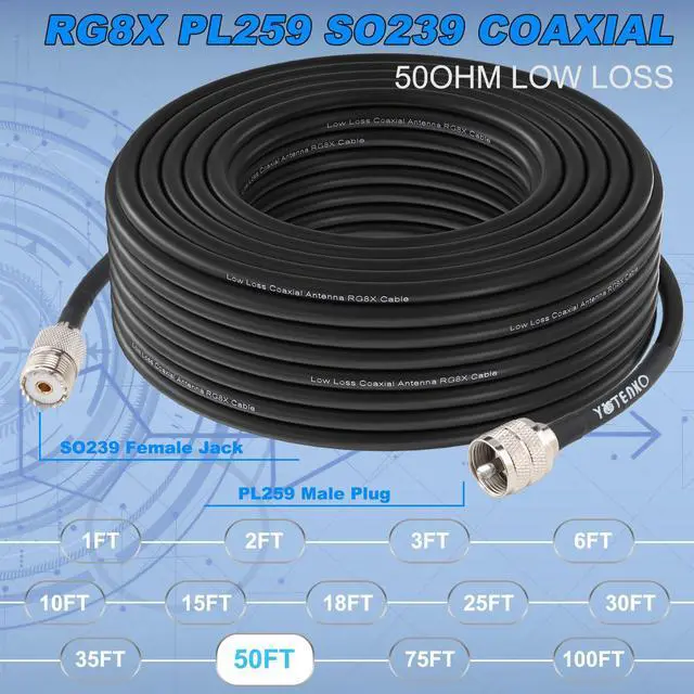 Alt view image 7 of 7 - CB Coax Cable 50ft, RG8x Coaxial Cable PL259 Male to SO239 Female, Low Loss 50 Ohm Antenna Coax for CB Ham HF VHF Radio Antenna