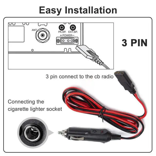 Alt view image 4 of 6 - 3 Pin CB Power Cord 12V Cigarette Lighter Cable 5Ft CB Radio Power Plug Connector for Cobra 29 Ltd Classic Uniden Bearcat CB Ham Radios Heavy Duty 2 Wire 15a Fuse Replacement, Black and Red