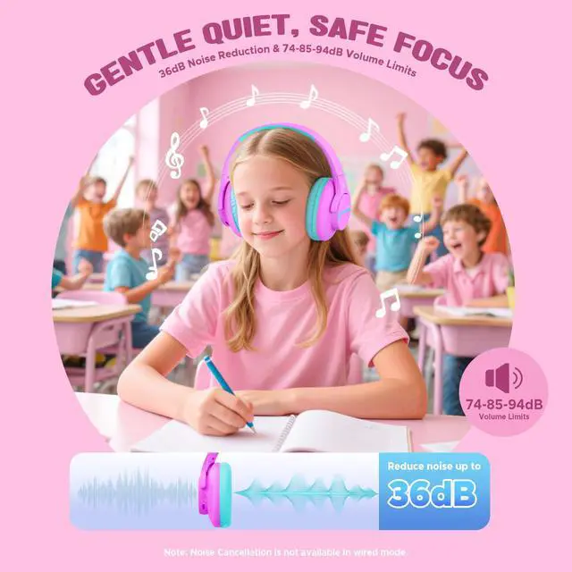 Alt view image 2 of 7 - Nova1Lite Kids Wireless Active Noise Cancelling Headphones, Bluetooth 5.3, Safe Volume 74/85/94dB, Real 40H Battery, Type-C Fast Charging, boy Girl Built-in Mic for School Travel Airplane