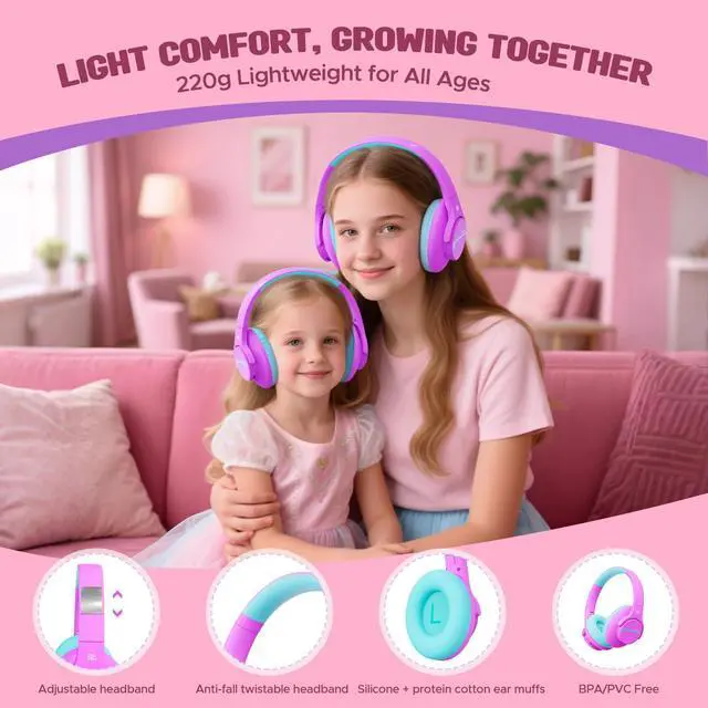 Alt view image 4 of 7 - Nova1Lite Kids Wireless Active Noise Cancelling Headphones, Bluetooth 5.3, Safe Volume 74/85/94dB, Real 40H Battery, Type-C Fast Charging, boy Girl Built-in Mic for School Travel Airplane