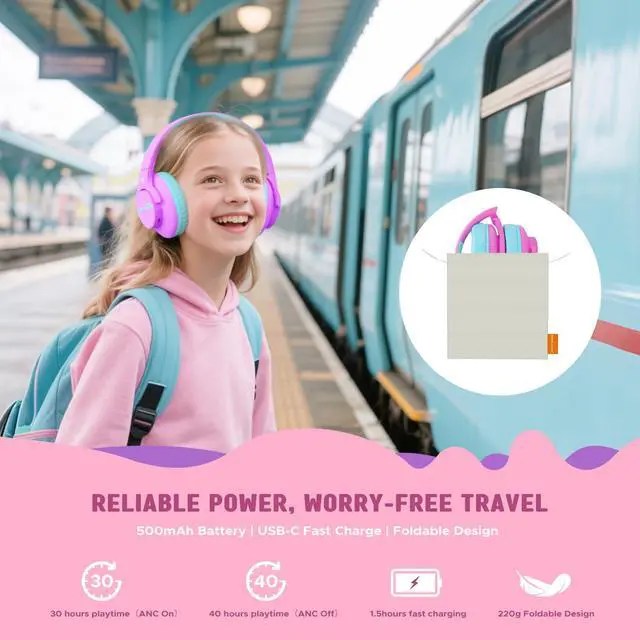 Alt view image 6 of 7 - Nova1Lite Kids Wireless Active Noise Cancelling Headphones, Bluetooth 5.3, Safe Volume 74/85/94dB, Real 40H Battery, Type-C Fast Charging, boy Girl Built-in Mic for School Travel Airplane