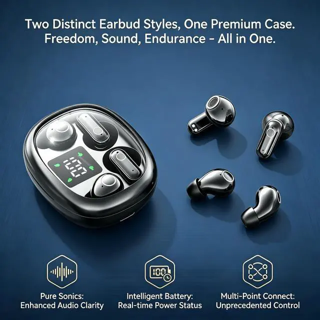 Alt view image 2 of 7 - Wireless Earbuds, 2 in 1 Case(Mini Sleep Earbuds & Semi-In-Ear Headphones), Bluetooth Earphones with LED Power Display,Smallest Invisible Earbuds for Small Ears Canals Side Sleepers, Sports, Work