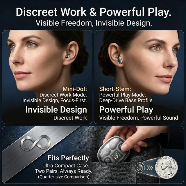 Alt view image 5 of 7 - Wireless Earbuds, 2 in 1 Case(Mini Sleep Earbuds & Semi-In-Ear Headphones), Bluetooth Earphones with LED Power Display,Smallest Invisible Earbuds for Small Ears Canals Side Sleepers, Sports, Work
