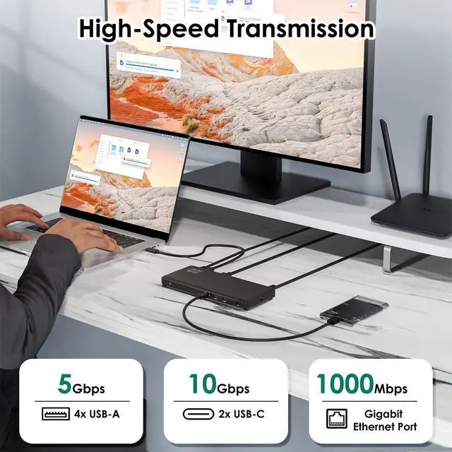 Alt view image 4 of 7 - Laptop Docking Station, 12-in-1 USB-C Docking Station, Triple Display with 2xHDMI and 1xDP, 10 Gbps USB-C and 5 Gbps USB-A Data, Ethernet, Audio, 100W Charging for Dell, HP, Lenovo and More