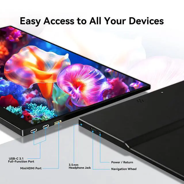 Alt view image 4 of 7 - 15.6" Portable Monitor Touchscreen 1080P FHD 60Hz 10-Point Touch Screen Monitor Portable with Protective Sleeve, Dual Speakers, USB-C & Mini HDMI, Travel Monitor for Laptop, PC, Phone