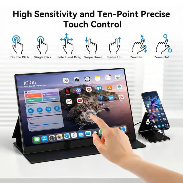 Alt view image 3 of 7 - 15.6" Portable Monitor Touchscreen 1080P FHD 60Hz 10-Point Touch Screen Monitor Portable with Protective Sleeve, Dual Speakers, USB-C & Mini HDMI, Travel Monitor for Laptop, PC, Phone