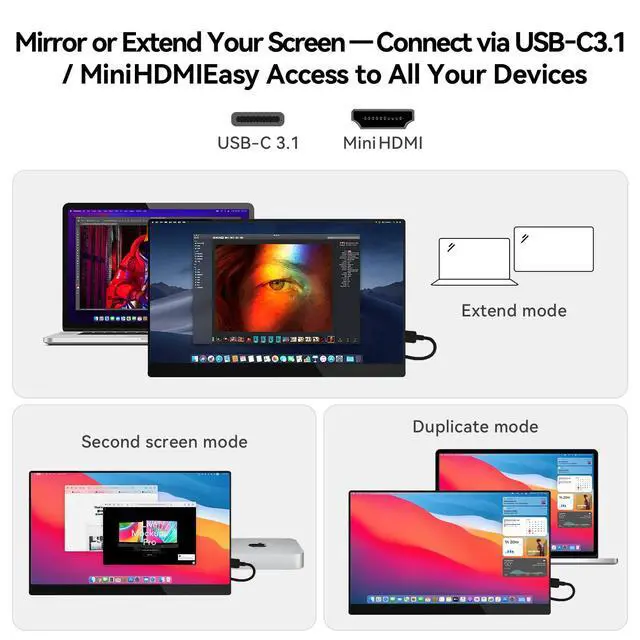 Alt view image 5 of 7 - 15.6" Portable Monitor Touchscreen 1080P FHD 60Hz 10-Point Touch Screen Monitor Portable with Protective Sleeve, Dual Speakers, USB-C & Mini HDMI, Travel Monitor for Laptop, PC, Phone