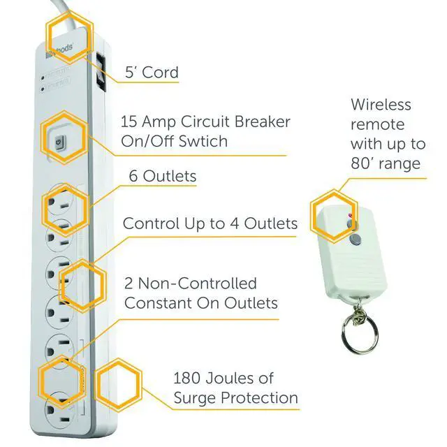 Alt view image 2 of 6 - Southwire Energy Saving Surge Protector Power Strip - 1080J Protection - 80 Foot Wireless Remote Control - 6 Outlets - White - 5 Foot Cord