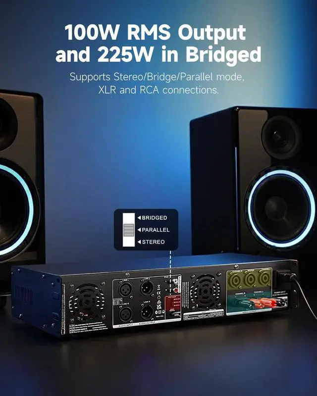 Alt view image 3 of 7 - Power Amplifier, 2 Channel Audio Amplifier with Bluetooth 5.3, EQ Controls, 100W RMS and 225W @4 Bridgeable, Versatile Inputs, for Home Party, Live Sound, DJs and Garage, MAMP7