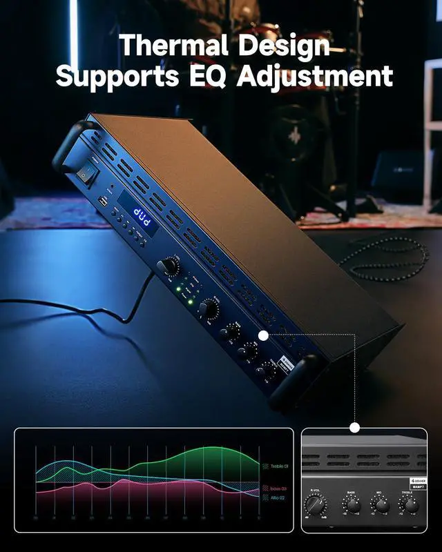 Alt view image 4 of 7 - Power Amplifier, 2 Channel Audio Amplifier with Bluetooth 5.3, EQ Controls, 100W RMS and 225W @4 Bridgeable, Versatile Inputs, for Home Party, Live Sound, DJs and Garage, MAMP7