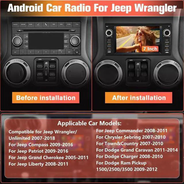 Alt view image 2 of 7 - Car Radio Stereo Upgrade for Jeep Wrangler 2007-2018/Dodge Ram 1500,etc., Android Head Unit with 7-Inch Touch Screen/Backup Camera/Wireless CarPlay & Android Auto/Mirroring/Wi-Fi/FM/SWC