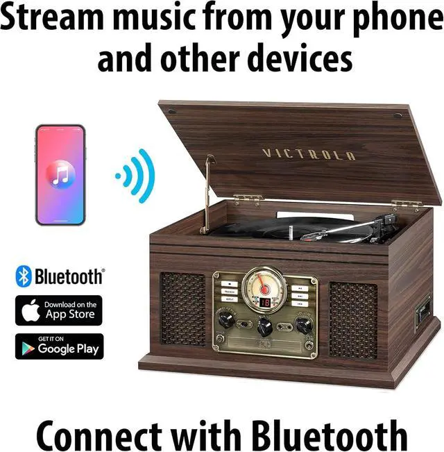 Alt view image 2 of 5 - Hawthorne 3-Speed (33 1/3, 45, 78 RPM) Bluetooth Record Player with CD, Cassette, FM Radio, & Built-in Stereo Speakers, RCA Out & Aux in, Wireless Music Streaming (Espresso)