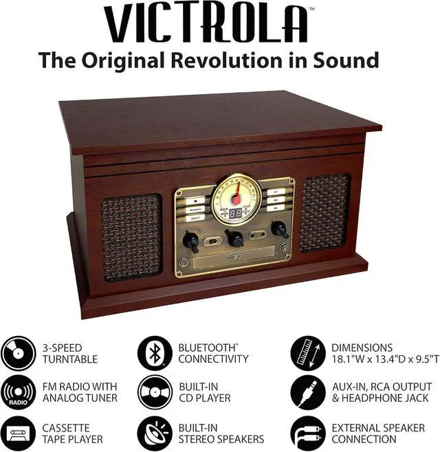 Alt view image 3 of 5 - Hawthorne 3-Speed (33 1/3, 45, 78 RPM) Bluetooth Record Player with CD, Cassette, FM Radio, & Built-in Stereo Speakers, RCA Out & Aux in, Wireless Music Streaming (Espresso)