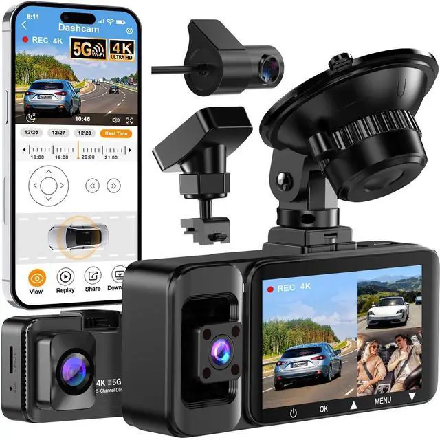 Main image of 4K 3-Channel Dash Cam, Front Rear Inside, 5GHz WiFi, 64GB Card | Wide-angle car camera with infrared night vision, 24H parking mode, loop recording, and G-sensor for Uber and taxi drivers