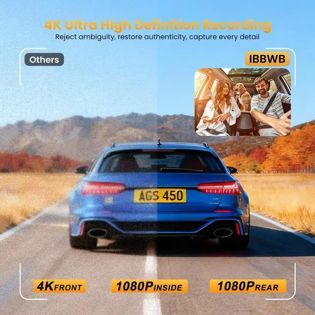 Alt view image 2 of 7 - 4K 3-Channel Dash Cam, Front Rear Inside, 5GHz WiFi, 64GB Card | Wide-angle car camera with infrared night vision, 24H parking mode, loop recording, and G-sensor for Uber and taxi drivers