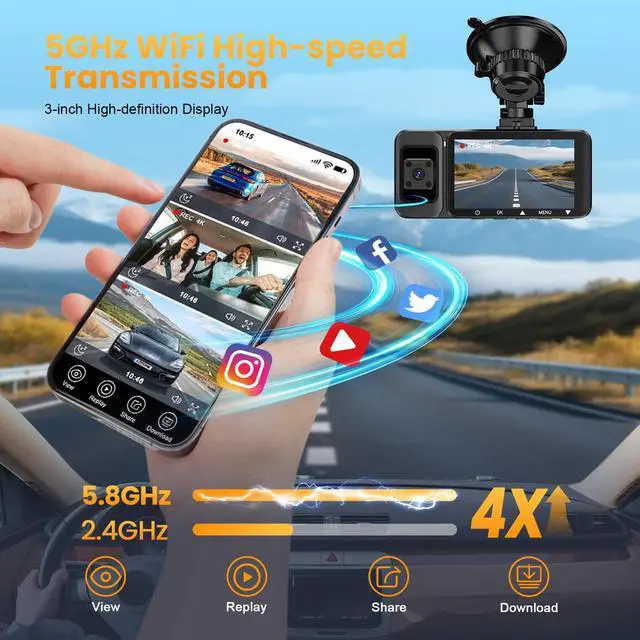 Alt view image 6 of 7 - 4K 3-Channel Dash Cam, Front Rear Inside, 5GHz WiFi, 64GB Card | Wide-angle car camera with infrared night vision, 24H parking mode, loop recording, and G-sensor for Uber and taxi drivers
