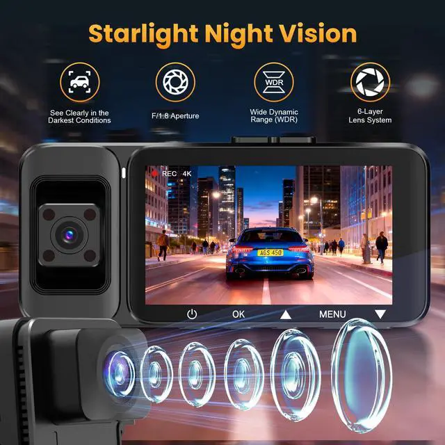Alt view image 5 of 7 - 4K 3-Channel Dash Cam, Front Rear Inside, 5GHz WiFi, 64GB Card | Wide-angle car camera with infrared night vision, 24H parking mode, loop recording, and G-sensor for Uber and taxi drivers