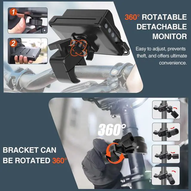 Alt view image 6 of 7 - Bicycle Rear View Camera with Loop Recording, TF Card | 4.3'' 1080P Monitor,8000mAh Battery, Night Vision Function,110° Wide Angle,for Bicycle, Mountain, Road Bike