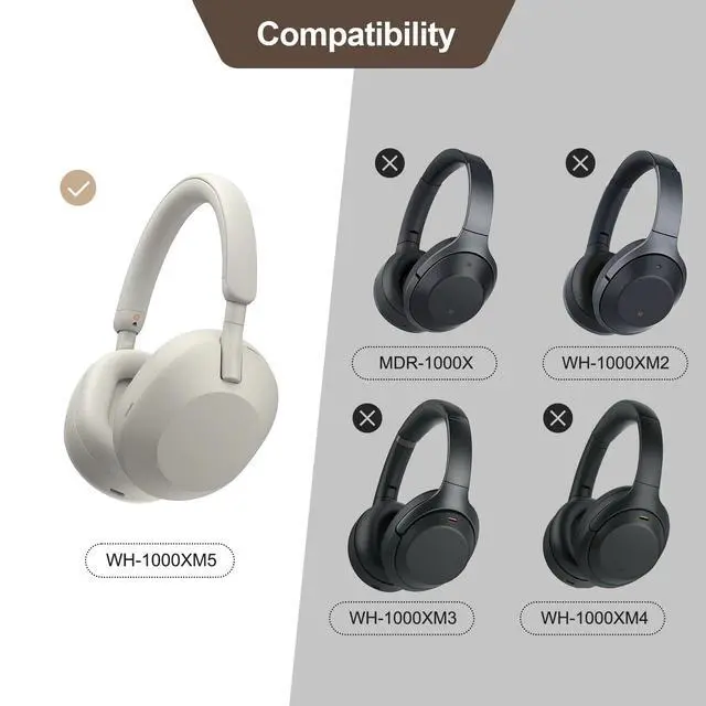 Alt view image 5 of 6 - Replacement Ear Pads Cushions for Sony XM5 Noise Canceling Headphones, Premium WH-1000XM5 Earpads Covers with Soft Protein Leather, Optimized Memory Foam (Silver)