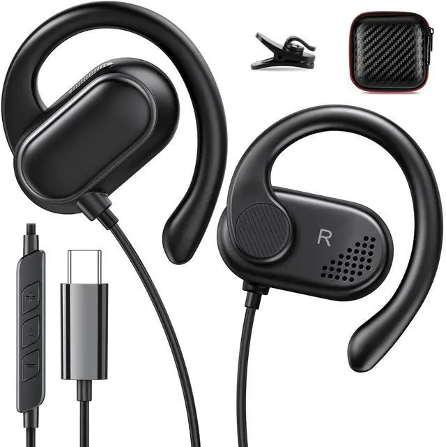 Main image of USB C Earbuds Wired Over Ear Headphone Open Ear Sport Headset Black | Type USB C Headphones Earphones with Mic Volume Control Rotatable Earhook for iPhone 17 16 Pro 15 for Google Pixel 10 Pro 8 7