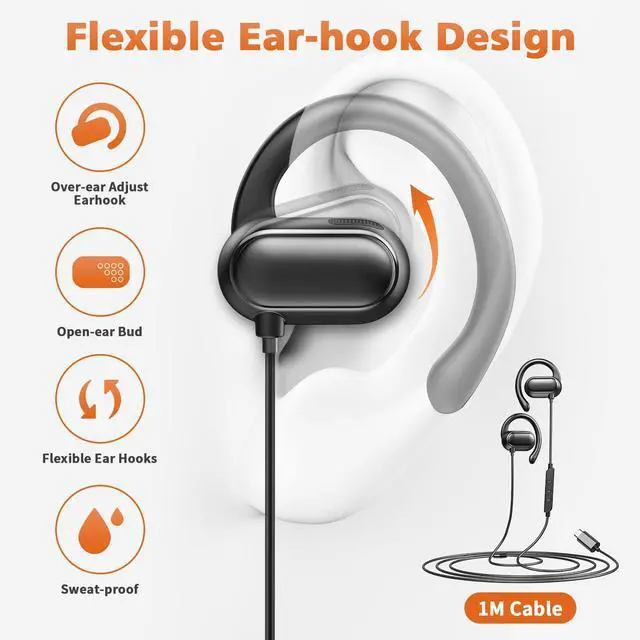 Alt view image 3 of 7 - USB C Earbuds Wired Over Ear Headphone Open Ear Sport Headset Black | Type USB C Headphones Earphones with Mic Volume Control Rotatable Earhook for iPhone 17 16 Pro 15 for Google Pixel 10 Pro 8 7