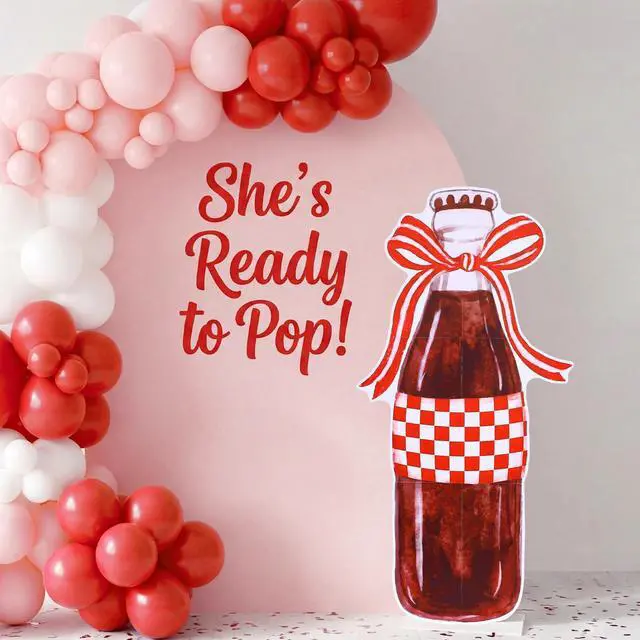Main image of 4ft She's Ready to Pop Baby Shower Backdrop Large Soda Bottle Bow Cardboard Cutout Stand Soda Bow Decorations for Wedding Bachelorette Bridal Shower Party