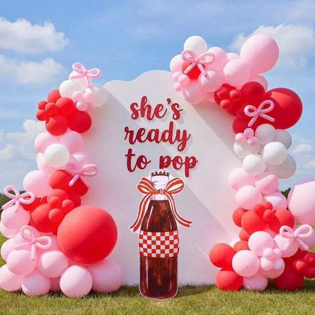 Alt view image 6 of 6 - 4ft She's Ready to Pop Baby Shower Backdrop Large Soda Bottle Bow Cardboard Cutout Stand Soda Bow Decorations for Wedding Bachelorette Bridal Shower Party