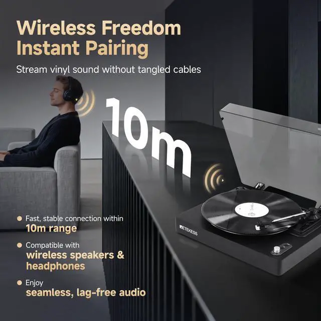 Alt view image 3 of 7 - TR643 Vinyl Record Player, 3-Speed Wireless Turntable | for Vinyl Beginners,33/45/78 RPM, Belt Drive with Auto Stop, Moving Magnet Cartridge (AT-3600L), RCA Line Out, Headphone Jack