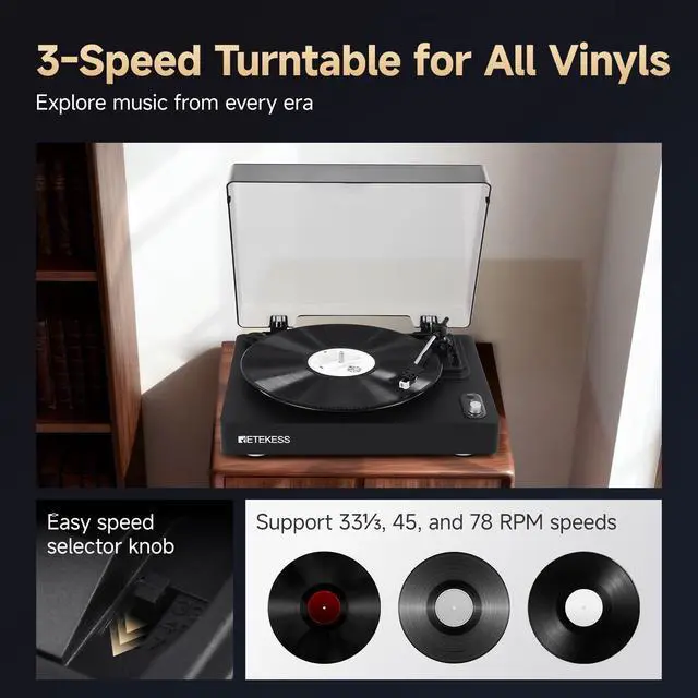 Alt view image 4 of 7 - TR643 Vinyl Record Player, 3-Speed Wireless Turntable | for Vinyl Beginners,33/45/78 RPM, Belt Drive with Auto Stop, Moving Magnet Cartridge (AT-3600L), RCA Line Out, Headphone Jack