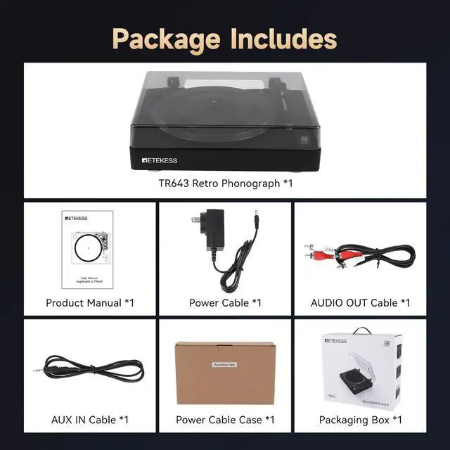 Alt view image 7 of 7 - TR643 Vinyl Record Player, 3-Speed Wireless Turntable | for Vinyl Beginners,33/45/78 RPM, Belt Drive with Auto Stop, Moving Magnet Cartridge (AT-3600L), RCA Line Out, Headphone Jack