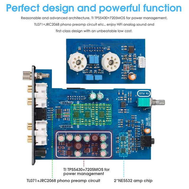 Alt view image 6 of 7 - Tube Phono Preamp: 6CS6 Headphone Amp for Turntable (T4 Plus) MM & MC Input, 1K-10 Switch, RIAA EQ, 3.5mm AUX, NE5532 Output 32-300, VU Meter Vintage Aluminum Chassis for Vinyl Stereo