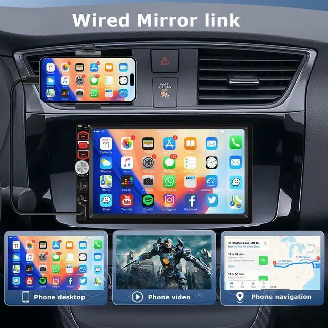 Alt view image 2 of 7 - 7-Inch Double Din Touch Screen Car Stereo with Bluetooth, FM Radio, Car MP5 Player with Mirror Link, AUX/USB, Rear View Camera, Steering Wheel Control and Color Backlight