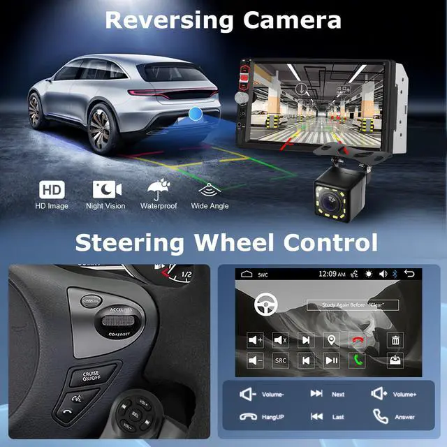 Alt view image 7 of 7 - 7-Inch Double Din Touch Screen Car Stereo with Bluetooth, FM Radio, Car MP5 Player with Mirror Link, AUX/USB, Rear View Camera, Steering Wheel Control and Color Backlight