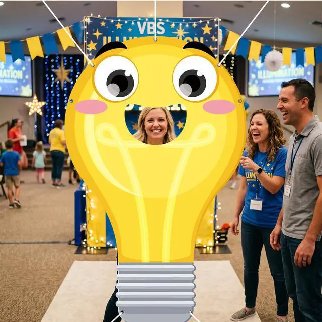 Alt view image 4 of 7 - VBS 2026 Light Bulb Face Hole Photo Booth Prop, Illumination Party Backdrop for Vacation Bible School, Sunday School Church Classroom Decorations, Funny Cartoon Photography Banner 71"x43"