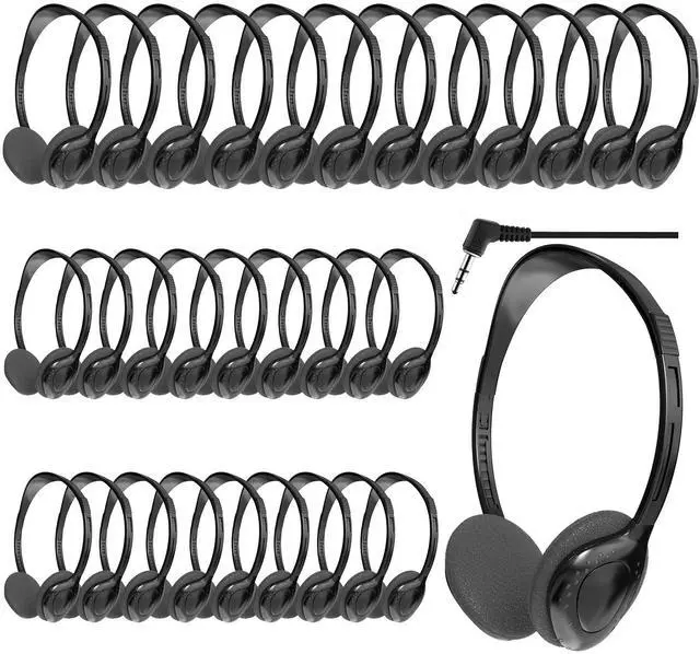Main image of 30 Pack Headphones for Kids Students School Classroom | Adjustable, 3.5mm Jack, Black, Bulk Earphones, For Library Children Adults
