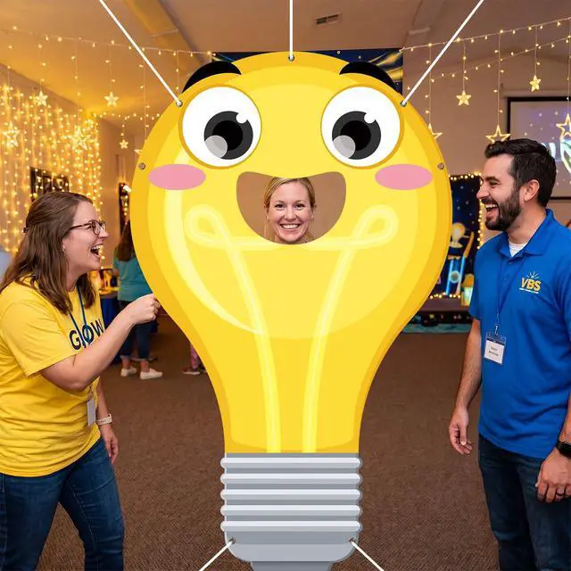 Alt view image 5 of 7 - VBS 2026 Light Bulb Face Hole Photo Booth Prop, Illumination Party Backdrop for Vacation Bible School, Sunday School Church Classroom Decorations, Funny Cartoon Photography Banner 71"x43"