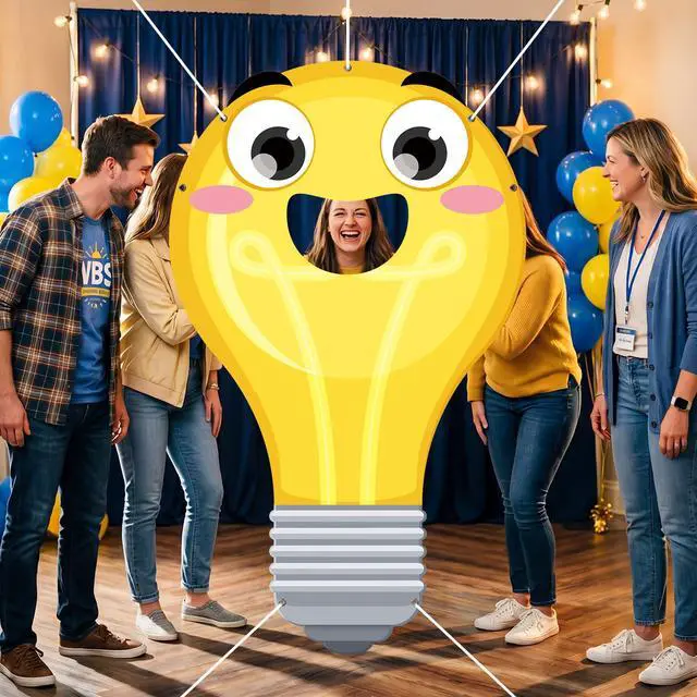 Alt view image 6 of 7 - VBS 2026 Light Bulb Face Hole Photo Booth Prop, Illumination Party Backdrop for Vacation Bible School, Sunday School Church Classroom Decorations, Funny Cartoon Photography Banner 71"x43"