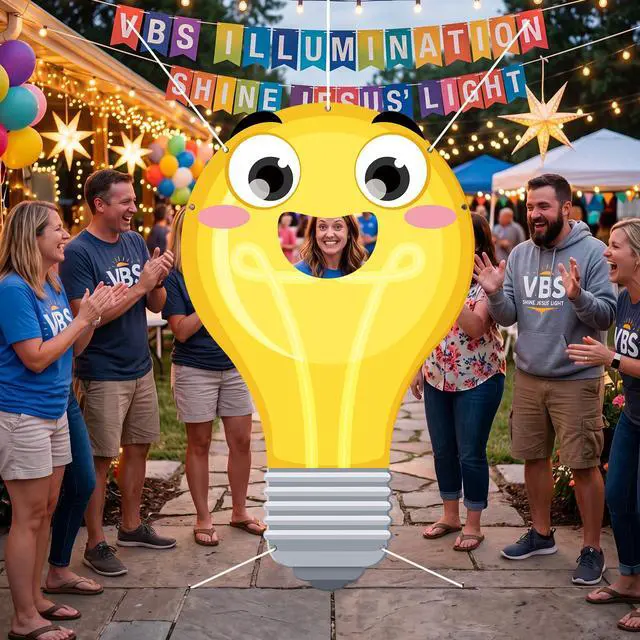 Alt view image 7 of 7 - VBS 2026 Light Bulb Face Hole Photo Booth Prop, Illumination Party Backdrop for Vacation Bible School, Sunday School Church Classroom Decorations, Funny Cartoon Photography Banner 71"x43"