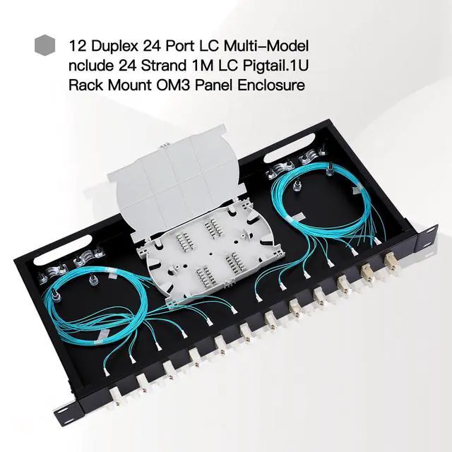 Alt view image 2 of 7 - LC-OM3 12 Duplex 24 Port Fiber Enclosure Box - 1 RU Rack Mount Multimode LC-UPC Kit for 19" Racks - Includes Splice Trays, OM3 Pigtails Fiber Optic Cables, and LGX Loaded Patch Panel